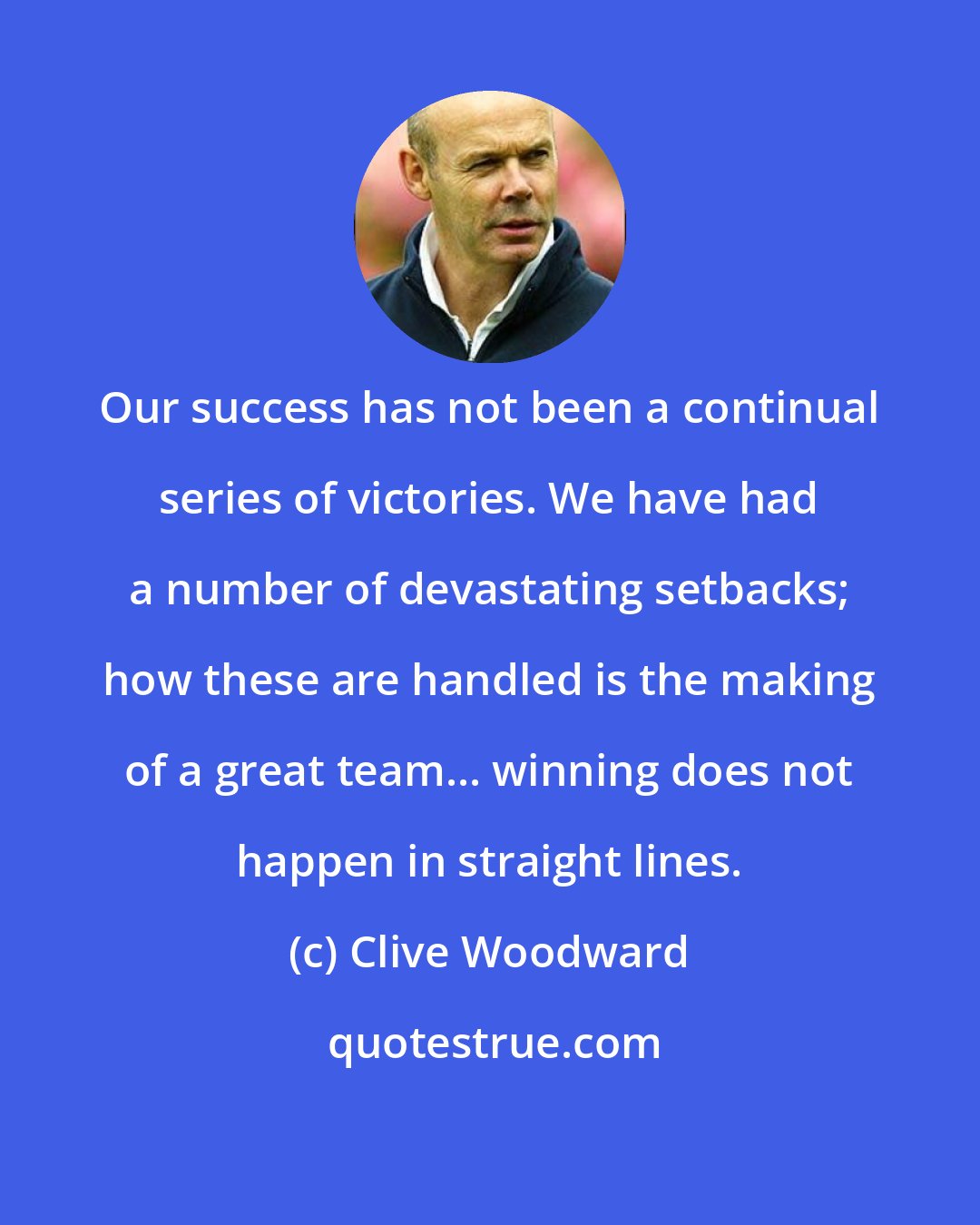 Clive Woodward: Our success has not been a continual series of victories. We have had a number of devastating setbacks; how these are handled is the making of a great team... winning does not happen in straight lines.