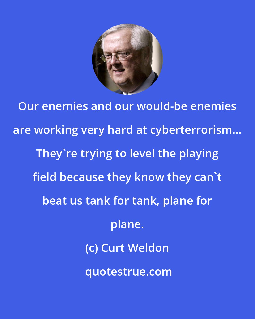Curt Weldon: Our enemies and our would-be enemies are working very hard at cyberterrorism... They're trying to level the playing field because they know they can't beat us tank for tank, plane for plane.