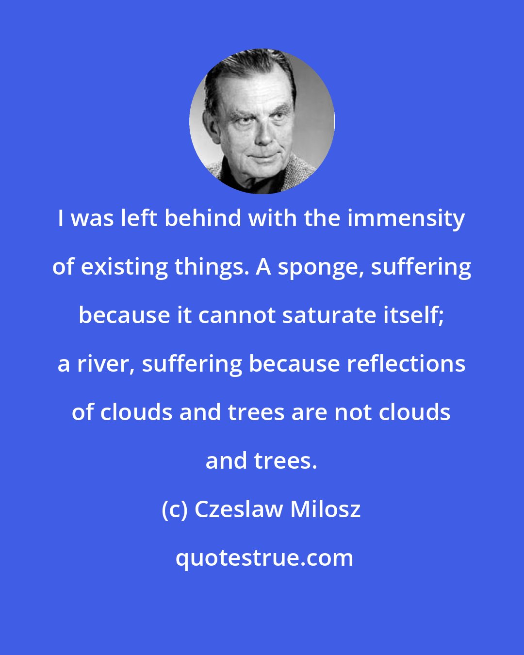 Czeslaw Milosz: I was left behind with the immensity of existing things. A sponge, suffering because it cannot saturate itself; a river, suffering because reflections of clouds and trees are not clouds and trees.