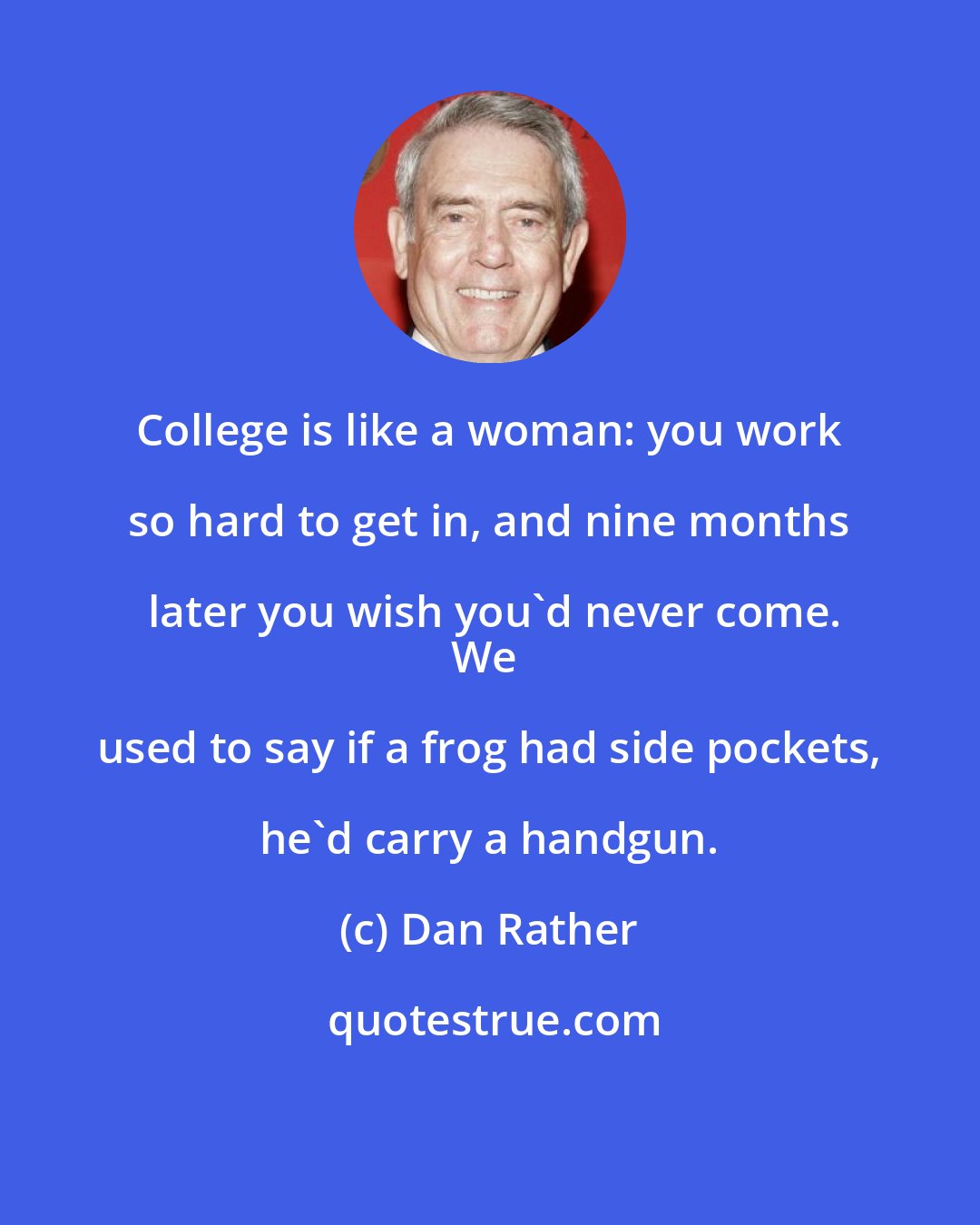 Dan Rather: College is like a woman: you work so hard to get in, and nine months later you wish you'd never come.
We used to say if a frog had side pockets, he'd carry a handgun.