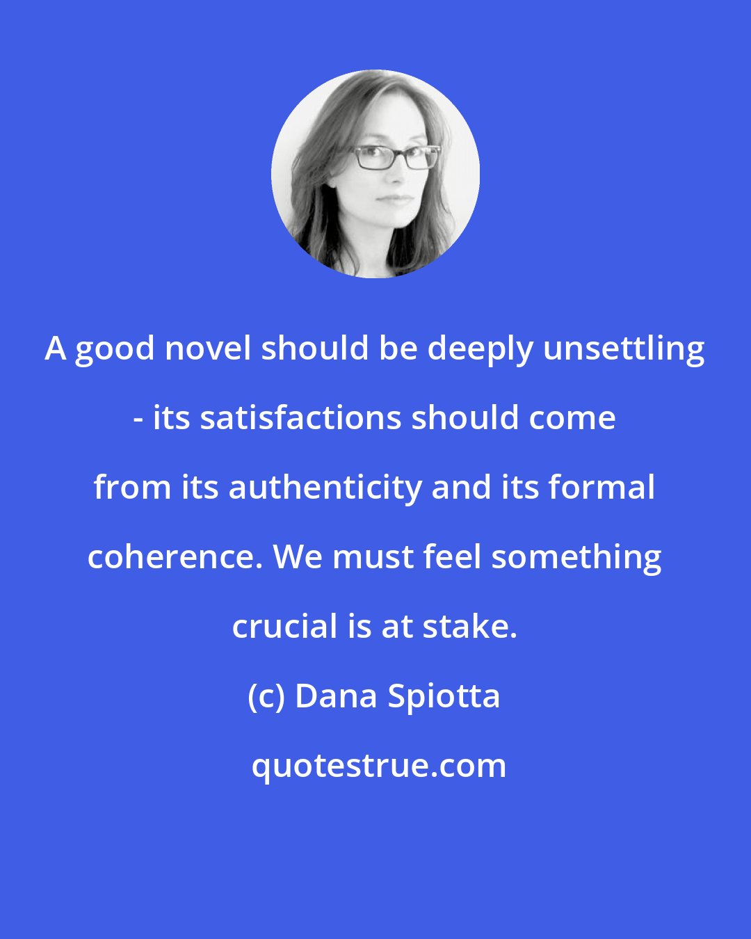 Dana Spiotta: A good novel should be deeply unsettling - its satisfactions should come from its authenticity and its formal coherence. We must feel something crucial is at stake.