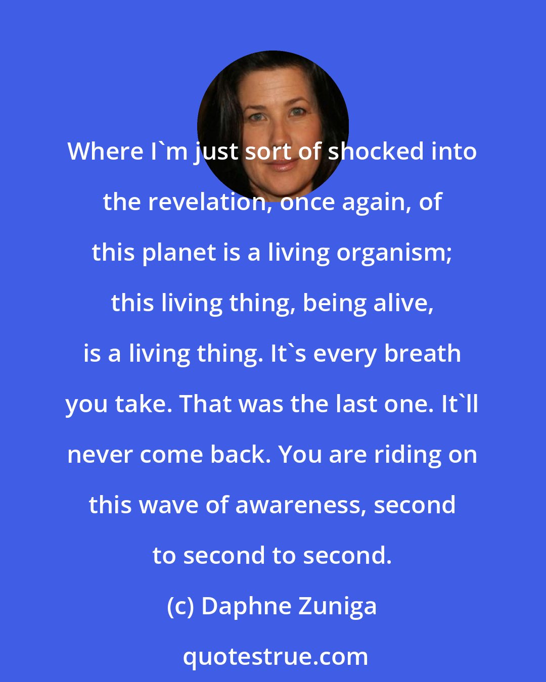 Daphne Zuniga: Where I'm just sort of shocked into the revelation, once again, of this planet is a living organism; this living thing, being alive, is a living thing. It's every breath you take. That was the last one. It'll never come back. You are riding on this wave of awareness, second to second to second.