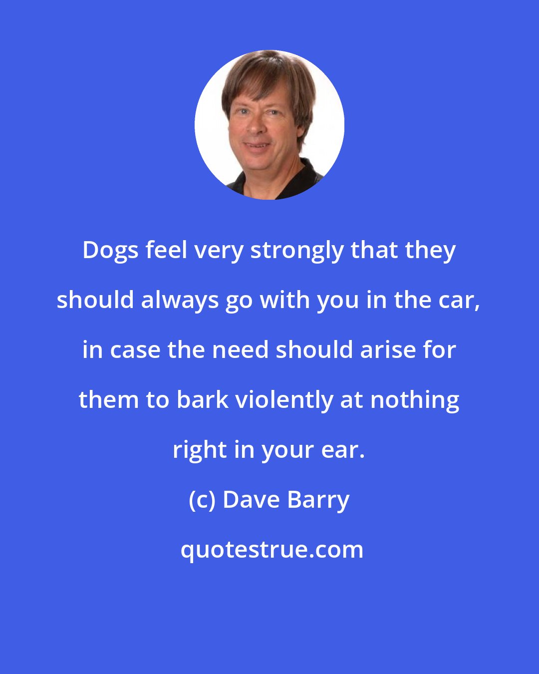 Dave Barry: Dogs feel very strongly that they should always go with you in the car, in case the need should arise for them to bark violently at nothing right in your ear.