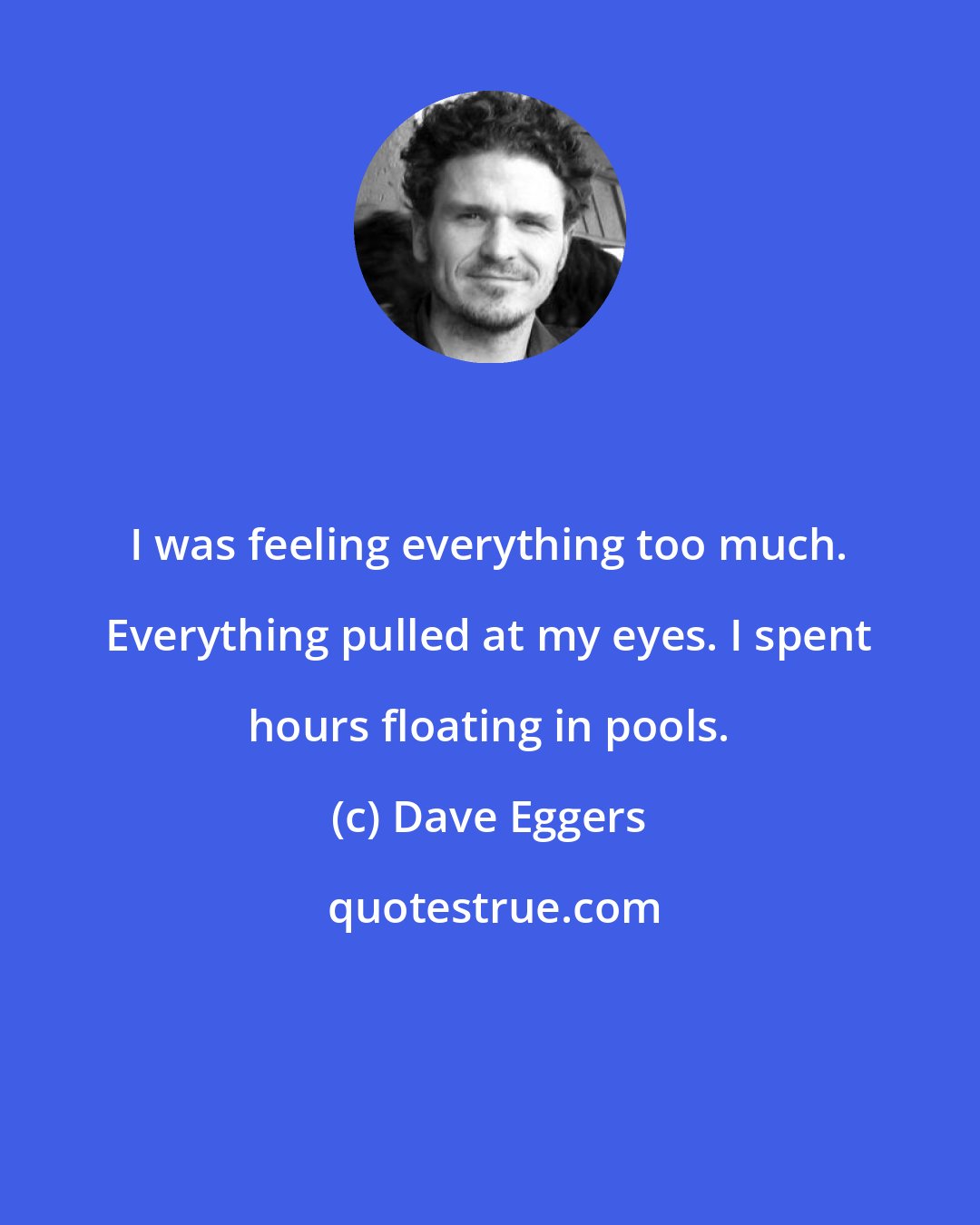 Dave Eggers: I was feeling everything too much. Everything pulled at my eyes. I spent hours floating in pools.