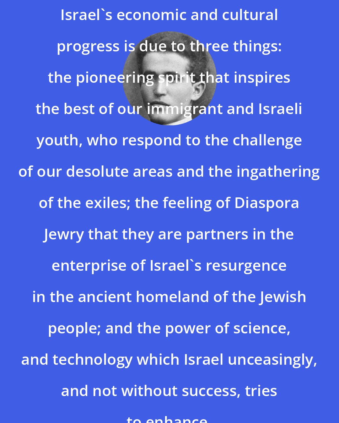 David Ben-Gurion: Israel's economic and cultural progress is due to three things: the pioneering spirit that inspires the best of our immigrant and Israeli youth, who respond to the challenge of our desolute areas and the ingathering of the exiles; the feeling of Diaspora Jewry that they are partners in the enterprise of Israel's resurgence in the ancient homeland of the Jewish people; and the power of science, and technology which Israel unceasingly, and not without success, tries to enhance.