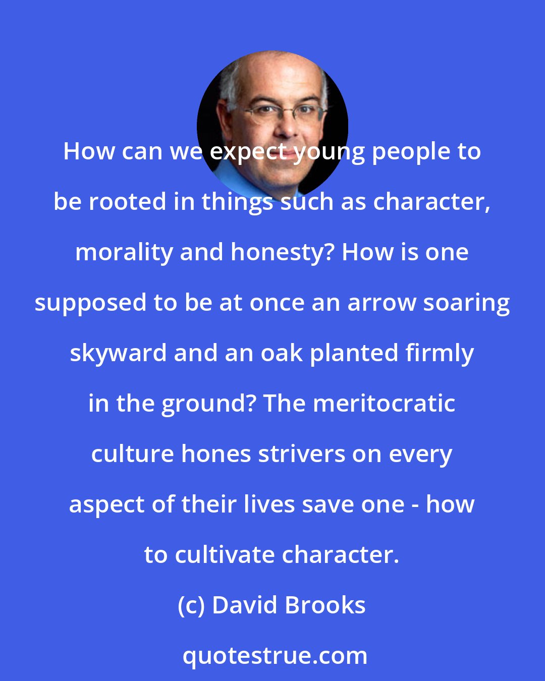 David Brooks: How can we expect young people to be rooted in things such as character, morality and honesty? How is one supposed to be at once an arrow soaring skyward and an oak planted firmly in the ground? The meritocratic culture hones strivers on every aspect of their lives save one - how to cultivate character.