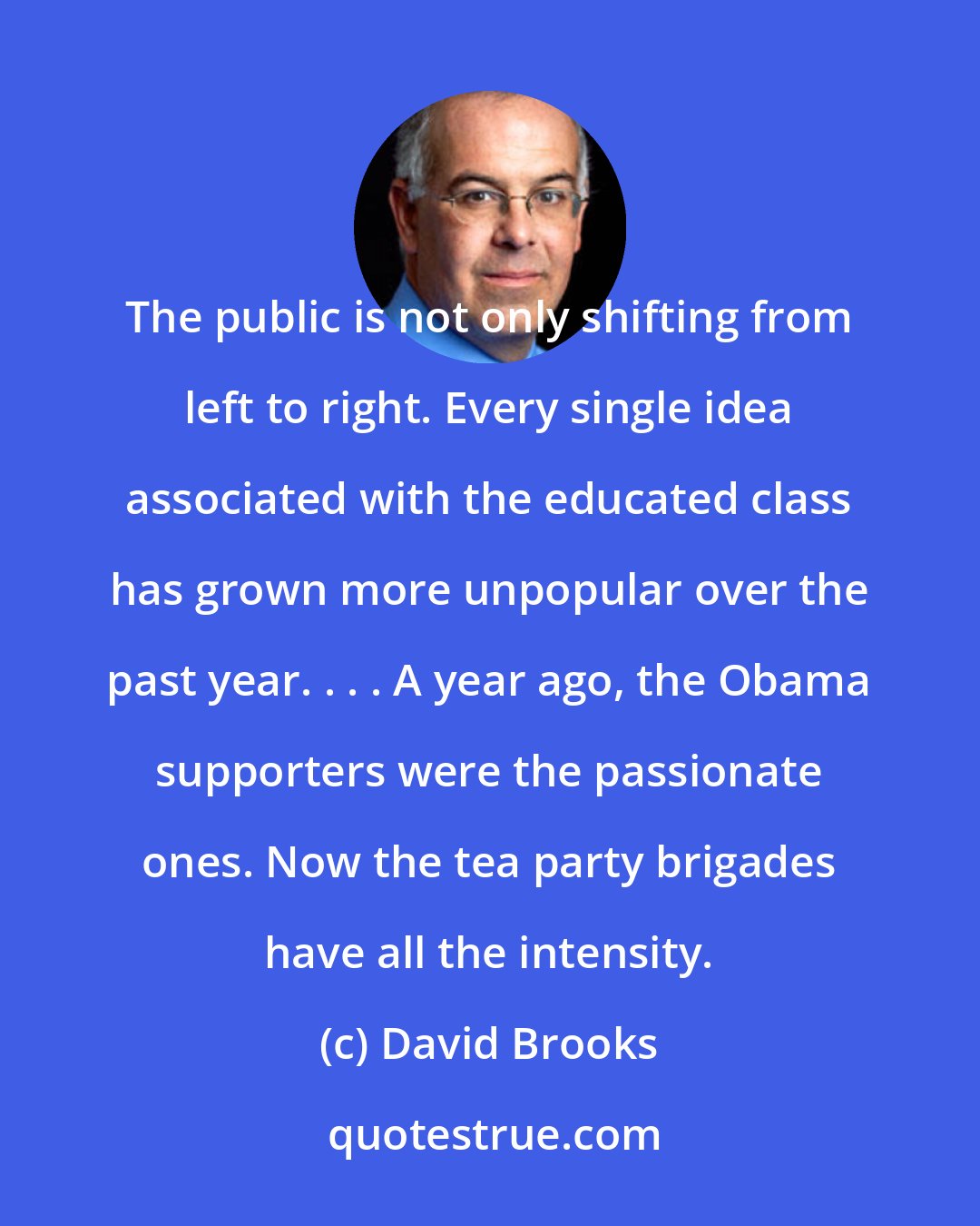 David Brooks: The public is not only shifting from left to right. Every single idea associated with the educated class has grown more unpopular over the past year. . . . A year ago, the Obama supporters were the passionate ones. Now the tea party brigades have all the intensity.