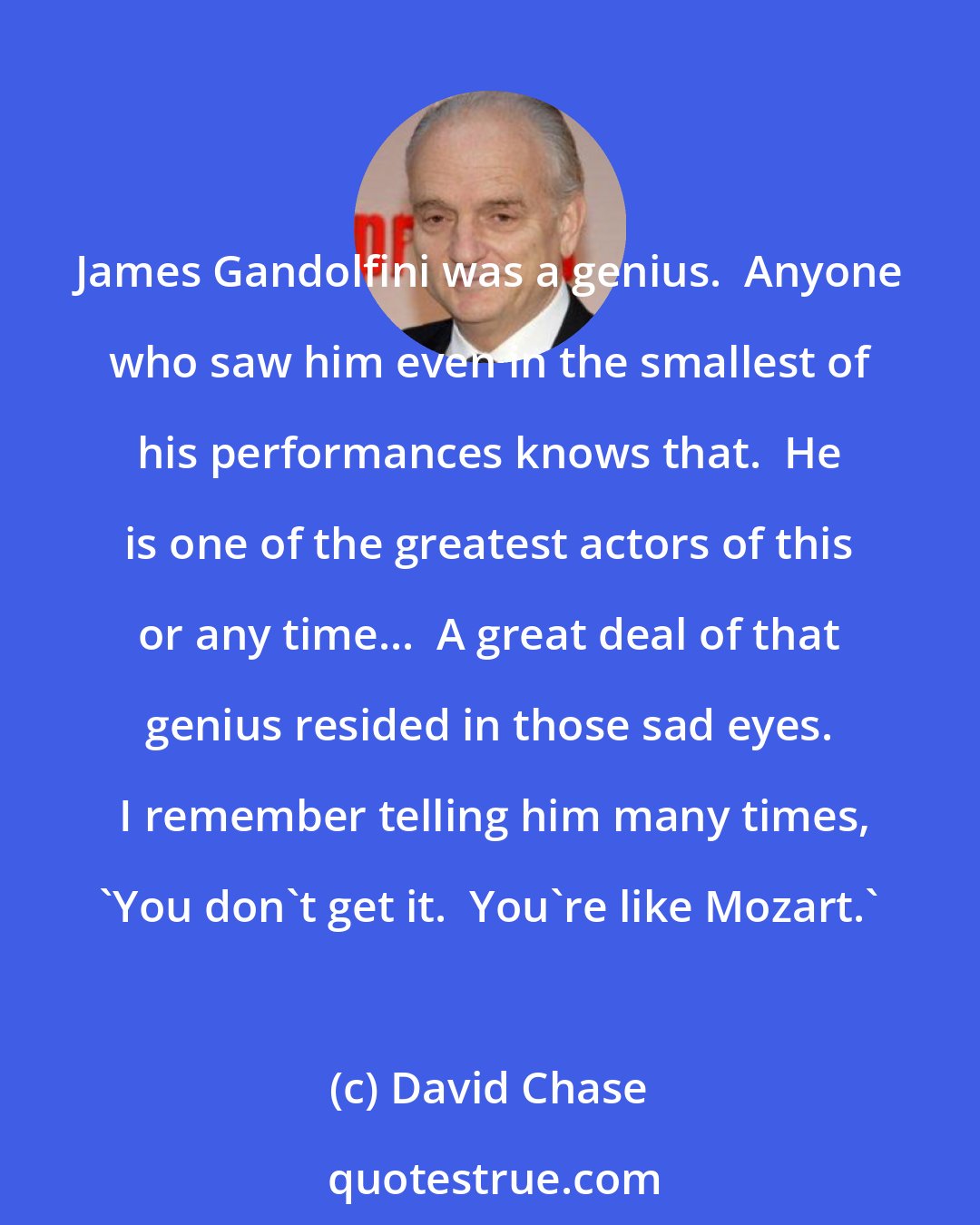 David Chase: James Gandolfini was a genius.  Anyone who saw him even in the smallest of his performances knows that.  He is one of the greatest actors of this or any time...  A great deal of that genius resided in those sad eyes.  I remember telling him many times, 'You don't get it.  You're like Mozart.'