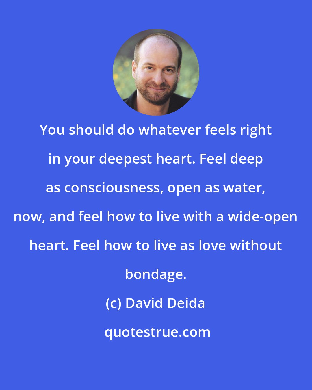 David Deida: You should do whatever feels right in your deepest heart. Feel deep as consciousness, open as water, now, and feel how to live with a wide-open heart. Feel how to live as love without bondage.