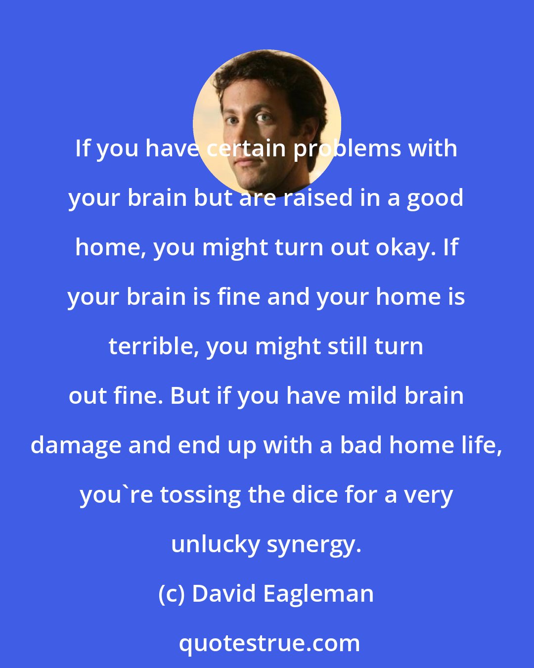David Eagleman: If you have certain problems with your brain but are raised in a good home, you might turn out okay. If your brain is fine and your home is terrible, you might still turn out fine. But if you have mild brain damage and end up with a bad home life, you're tossing the dice for a very unlucky synergy.