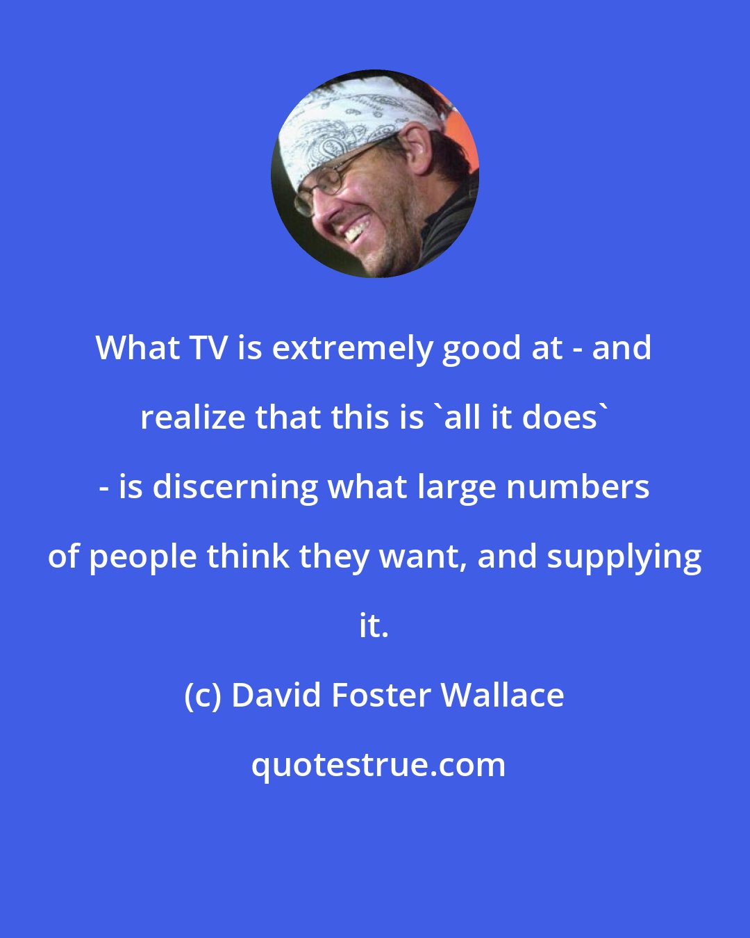 David Foster Wallace: What TV is extremely good at - and realize that this is 'all it does' - is discerning what large numbers of people think they want, and supplying it.