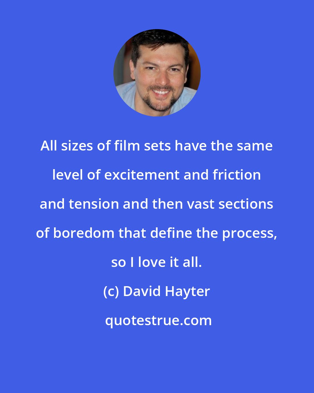 David Hayter: All sizes of film sets have the same level of excitement and friction and tension and then vast sections of boredom that define the process, so I love it all.