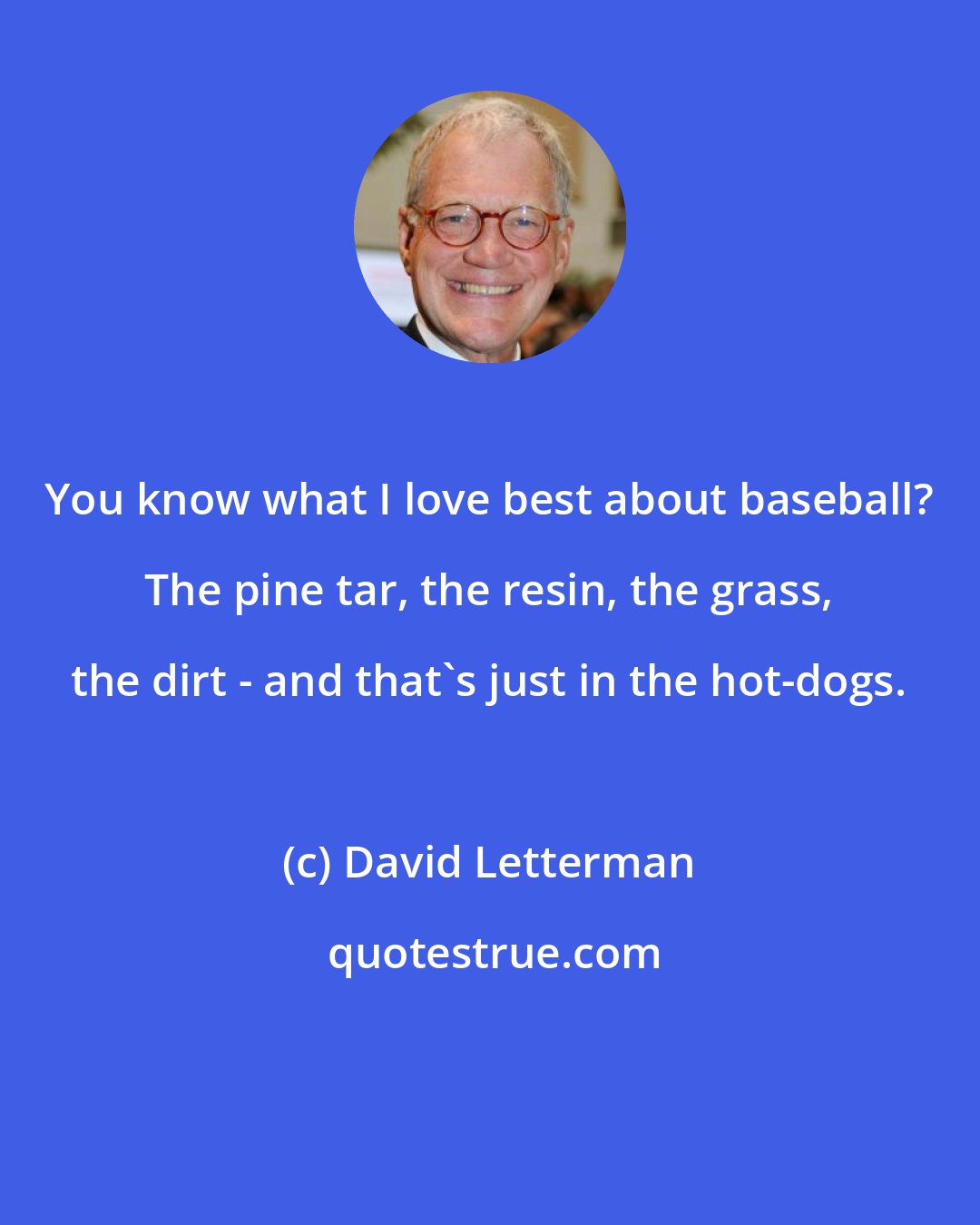 David Letterman: You know what I love best about baseball? The pine tar, the resin, the grass, the dirt - and that's just in the hot-dogs.
