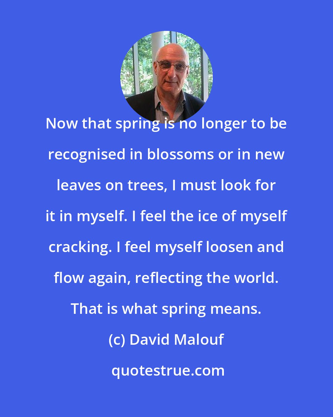 David Malouf: Now that spring is no longer to be recognised in blossoms or in new leaves on trees, I must look for it in myself. I feel the ice of myself cracking. I feel myself loosen and flow again, reflecting the world. That is what spring means.