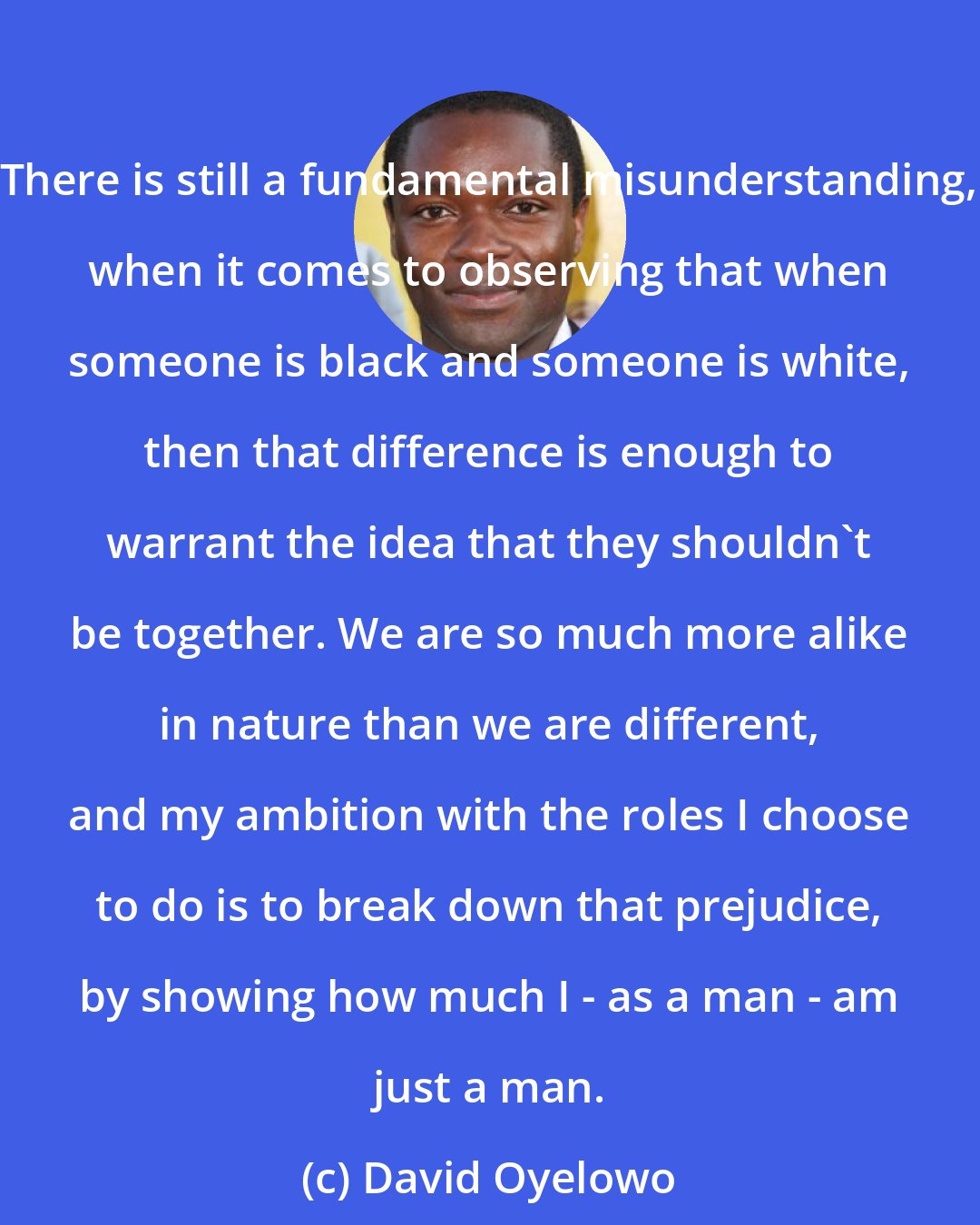 David Oyelowo: There is still a fundamental misunderstanding, when it comes to observing that when someone is black and someone is white, then that difference is enough to warrant the idea that they shouldn't be together. We are so much more alike in nature than we are different, and my ambition with the roles I choose to do is to break down that prejudice, by showing how much I - as a man - am just a man.