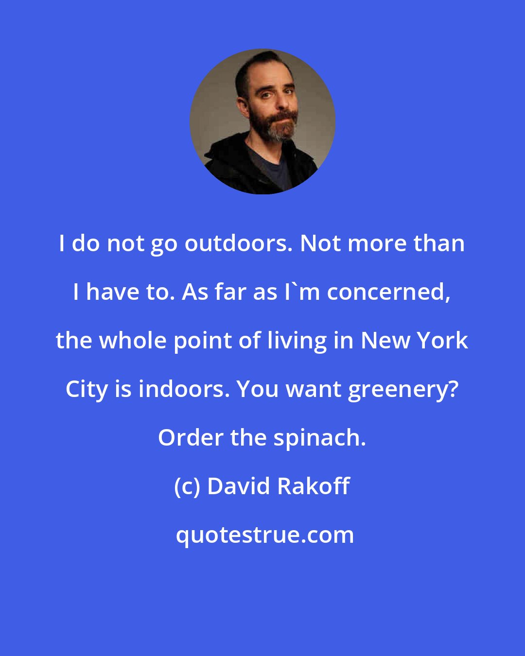 David Rakoff: I do not go outdoors. Not more than I have to. As far as I'm concerned, the whole point of living in New York City is indoors. You want greenery? Order the spinach.