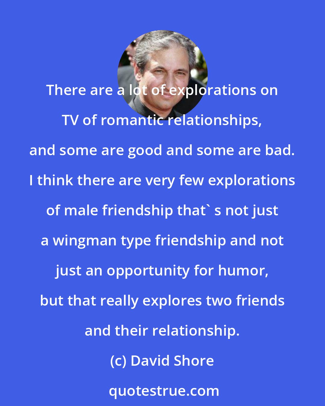 David Shore: There are a lot of explorations on TV of romantic relationships, and some are good and some are bad. I think there are very few explorations of male friendship that' s not just a wingman type friendship and not just an opportunity for humor, but that really explores two friends and their relationship.