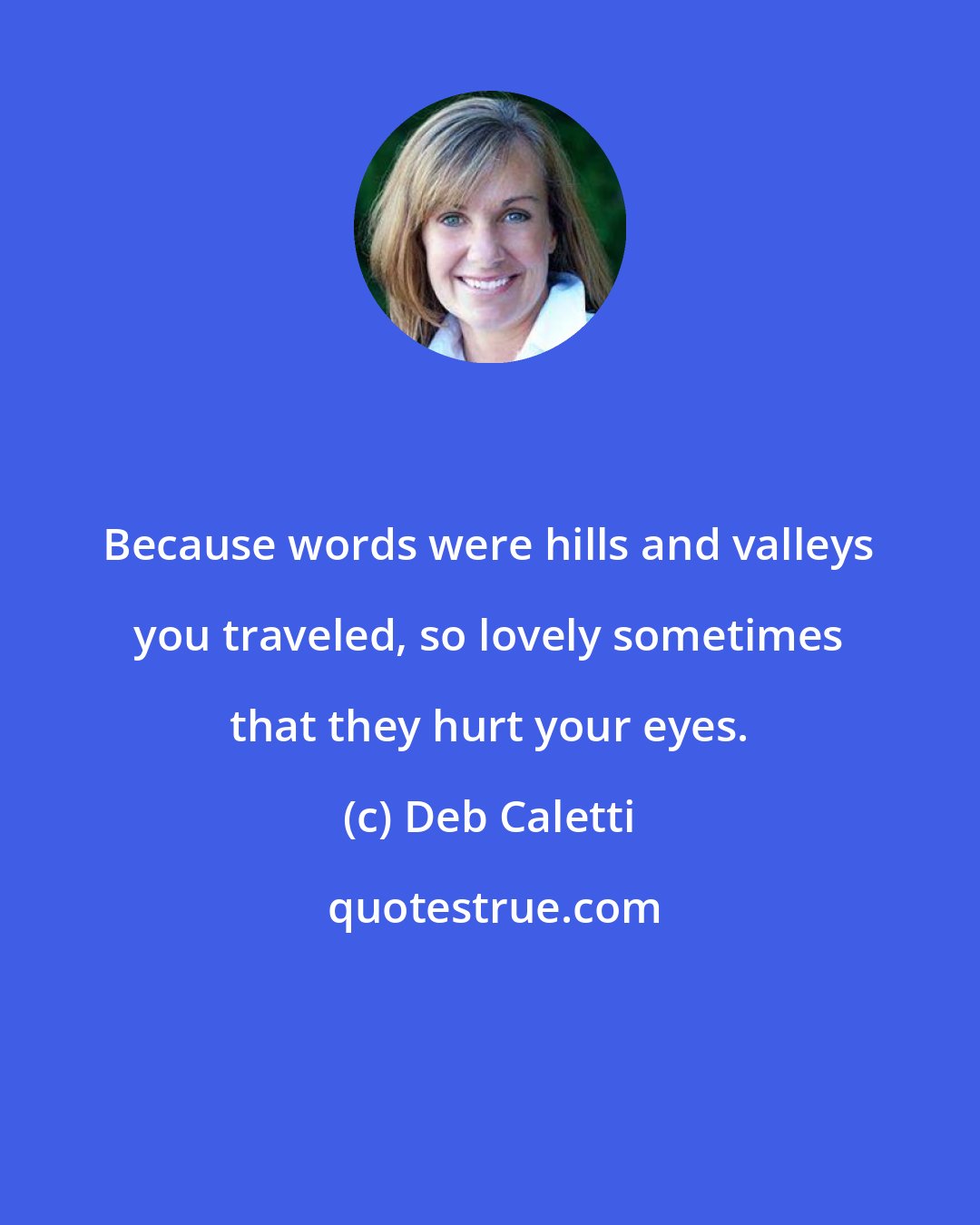 Deb Caletti: Because words were hills and valleys you traveled, so lovely sometimes that they hurt your eyes.