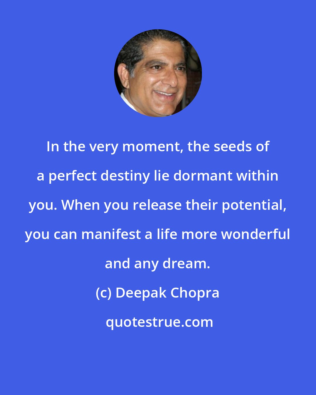 Deepak Chopra: In the very moment, the seeds of a perfect destiny lie dormant within you. When you release their potential, you can manifest a life more wonderful and any dream.