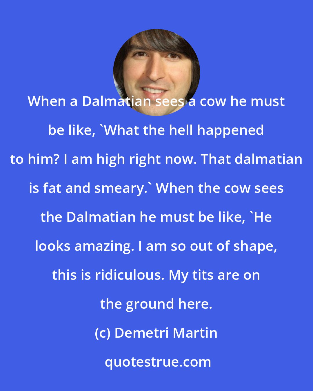 Demetri Martin: When a Dalmatian sees a cow he must be like, 'What the hell happened to him? I am high right now. That dalmatian is fat and smeary.' When the cow sees the Dalmatian he must be like, 'He looks amazing. I am so out of shape, this is ridiculous. My tits are on the ground here.