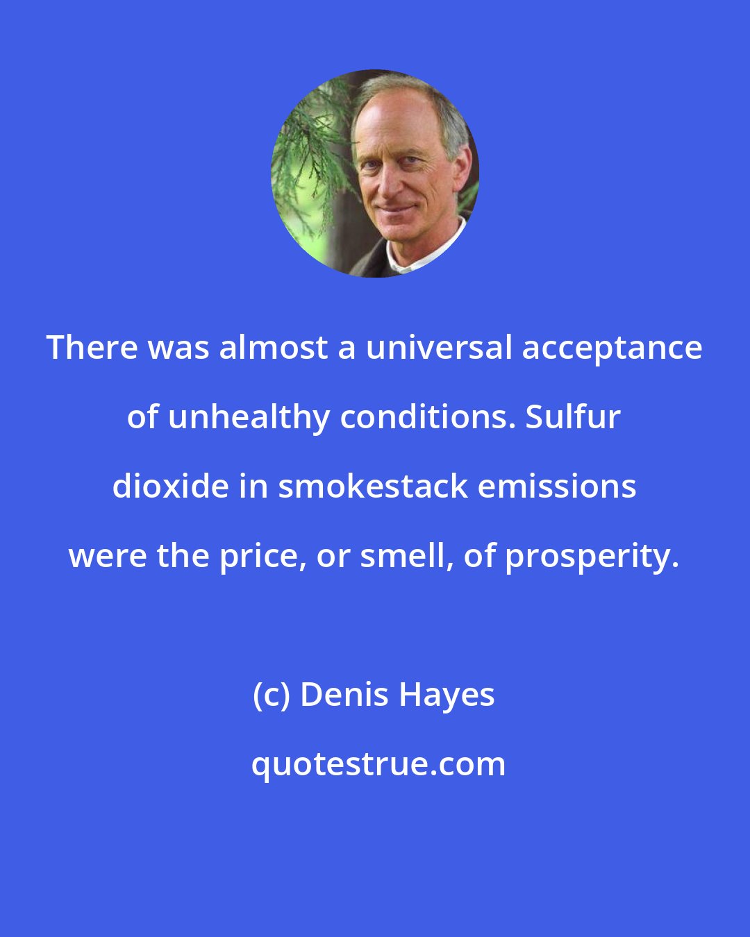 Denis Hayes: There was almost a universal acceptance of unhealthy conditions. Sulfur dioxide in smokestack emissions were the price, or smell, of prosperity.