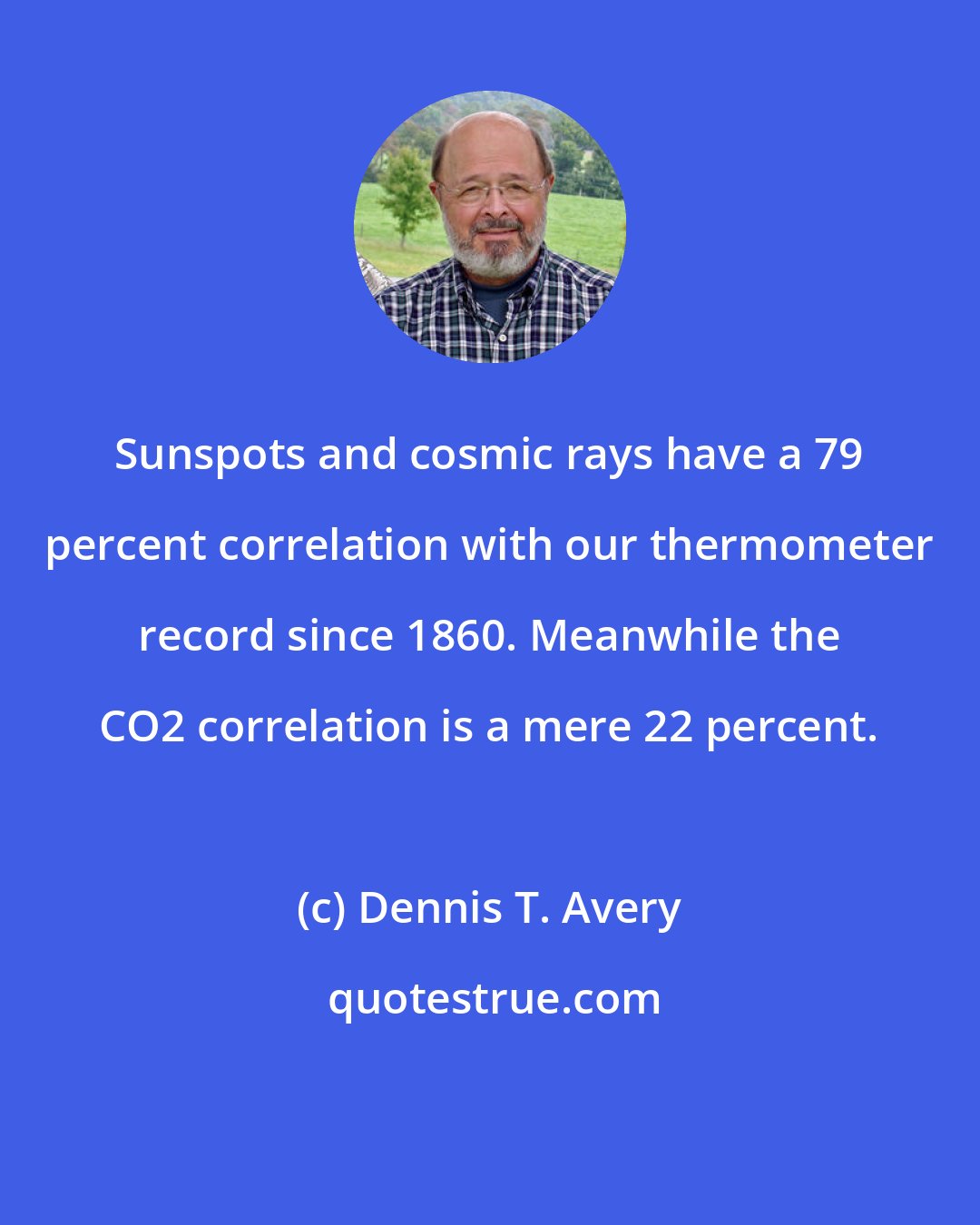 Dennis T. Avery: Sunspots and cosmic rays have a 79 percent correlation with our thermometer record since 1860. Meanwhile the CO2 correlation is a mere 22 percent.
