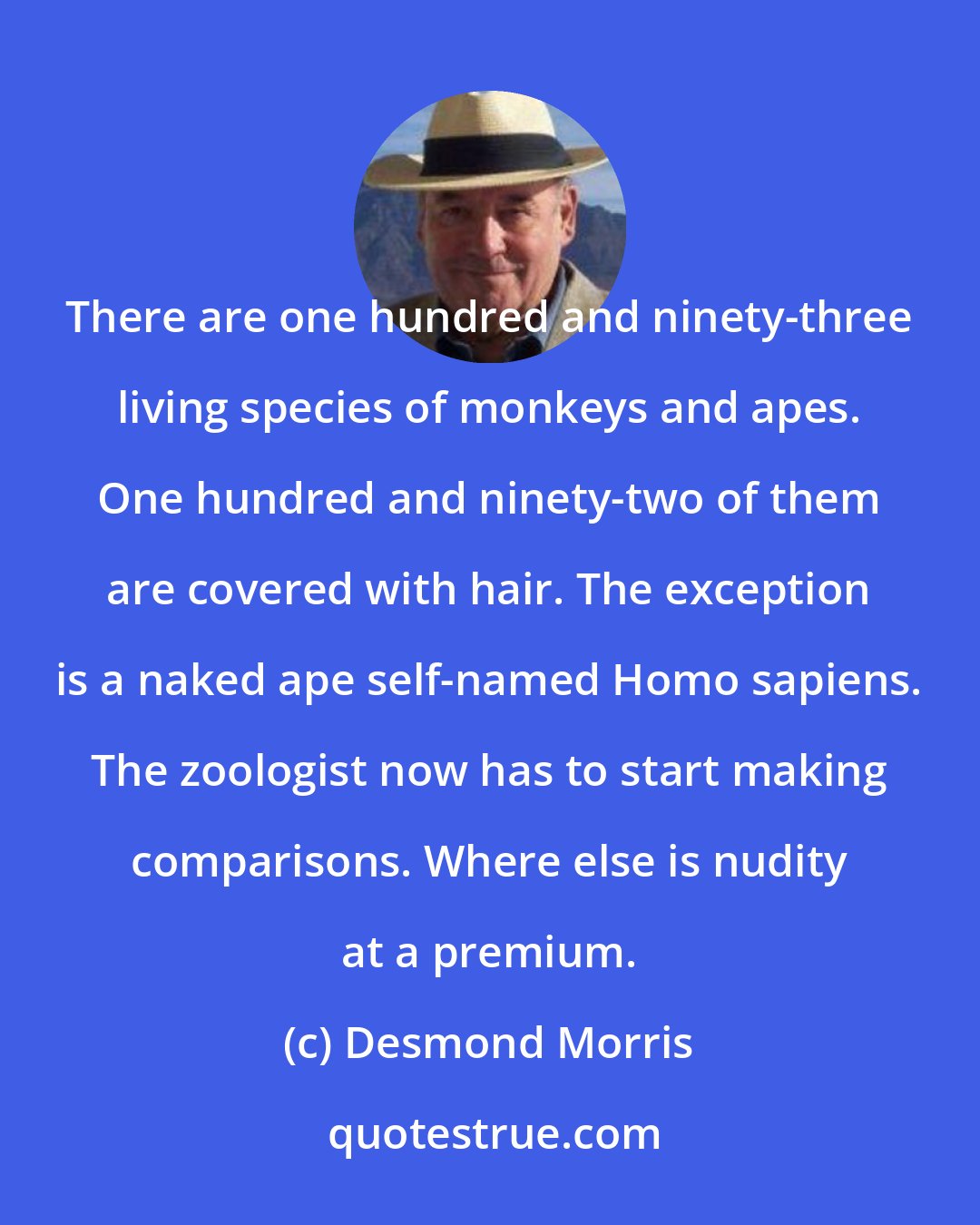 Desmond Morris: There are one hundred and ninety-three living species of monkeys and apes. One hundred and ninety-two of them are covered with hair. The exception is a naked ape self-named Homo sapiens. The zoologist now has to start making comparisons. Where else is nudity at a premium.
