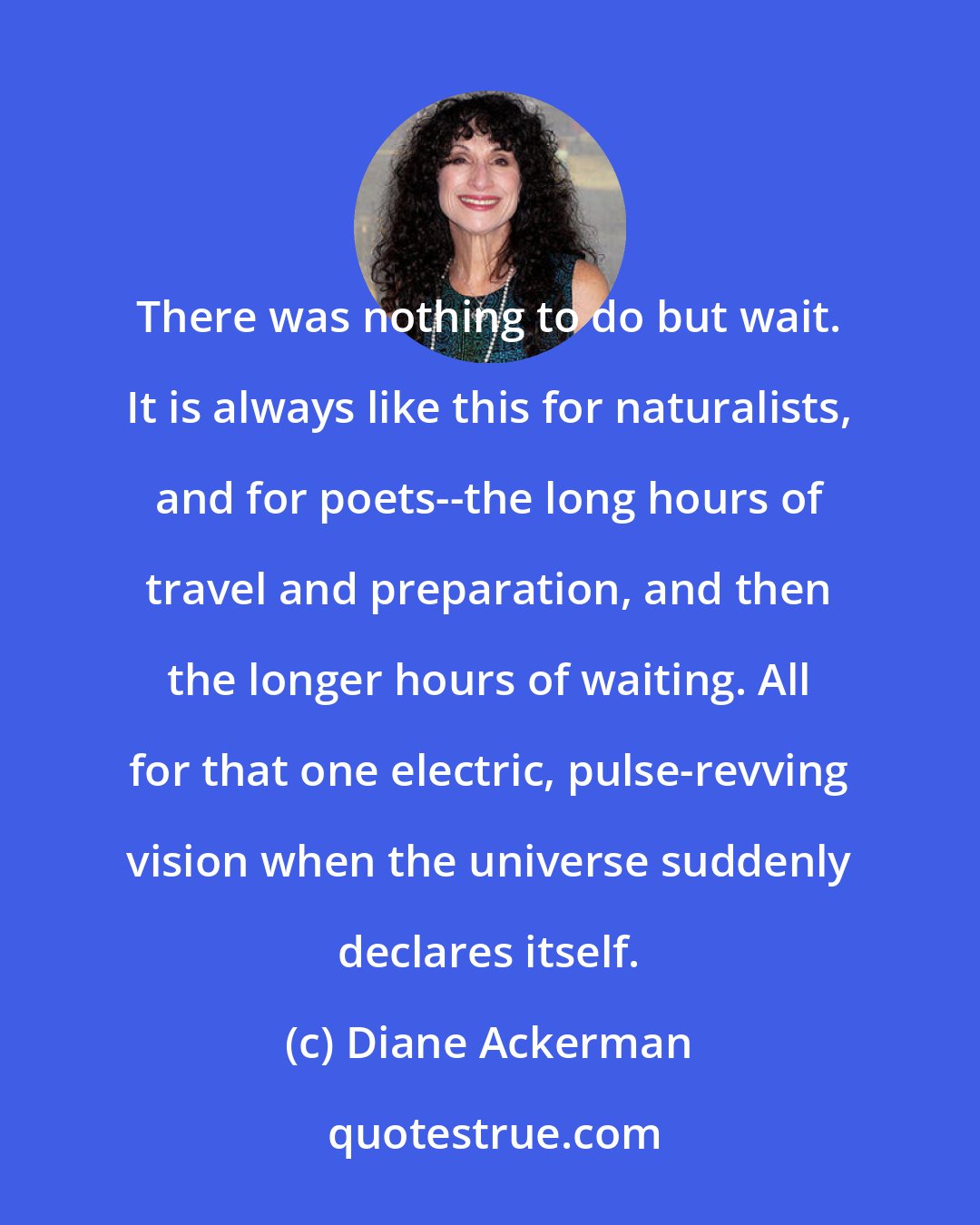 Diane Ackerman: There was nothing to do but wait. It is always like this for naturalists, and for poets--the long hours of travel and preparation, and then the longer hours of waiting. All for that one electric, pulse-revving vision when the universe suddenly declares itself.