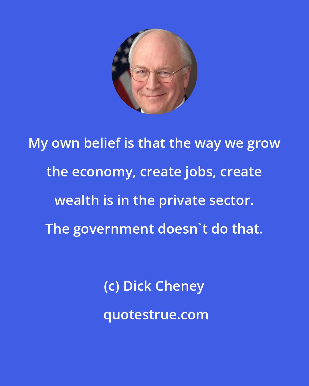 Dick Cheney: My own belief is that the way we grow the economy, create jobs, create wealth is in the private sector. The government doesn't do that.