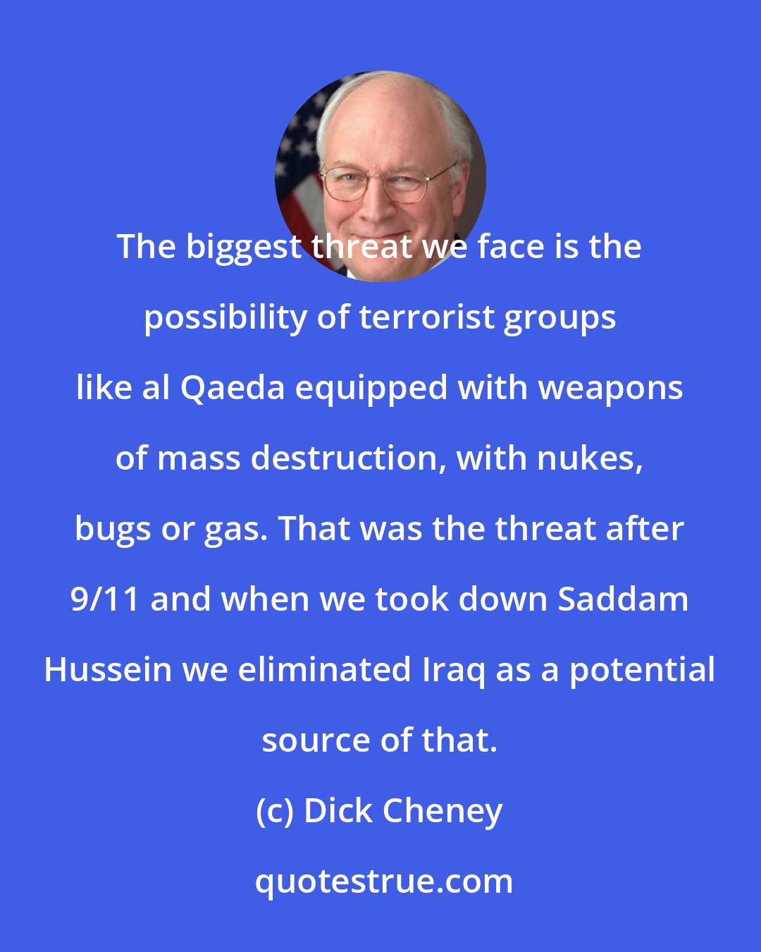 Dick Cheney: The biggest threat we face is the possibility of terrorist groups like al Qaeda equipped with weapons of mass destruction, with nukes, bugs or gas. That was the threat after 9/11 and when we took down Saddam Hussein we eliminated Iraq as a potential source of that.