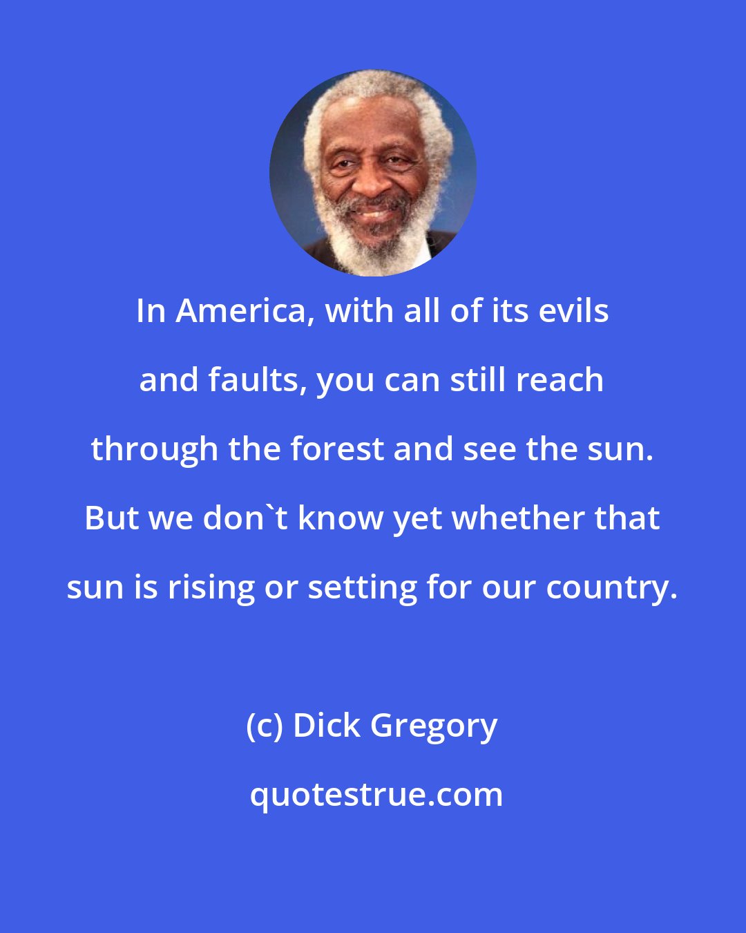 Dick Gregory: In America, with all of its evils and faults, you can still reach through the forest and see the sun. But we don't know yet whether that sun is rising or setting for our country.