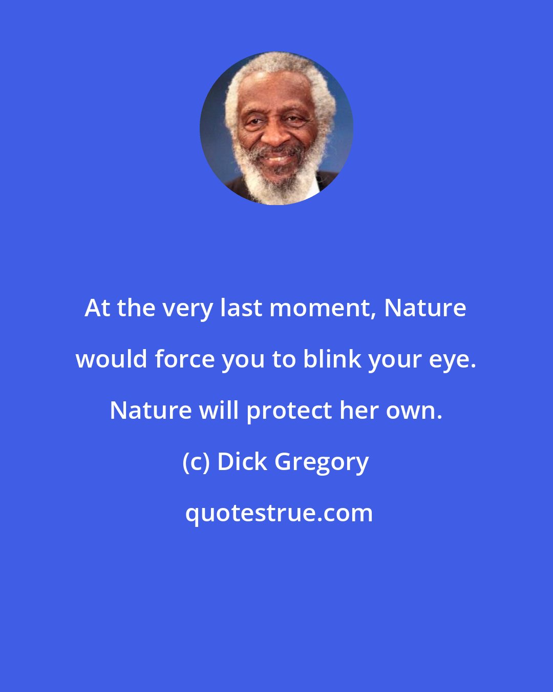 Dick Gregory: At the very last moment, Nature would force you to blink your eye. Nature will protect her own.