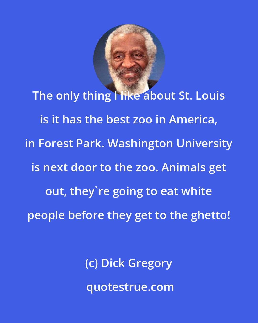 Dick Gregory: The only thing I like about St. Louis is it has the best zoo in America, in Forest Park. Washington University is next door to the zoo. Animals get out, they're going to eat white people before they get to the ghetto!