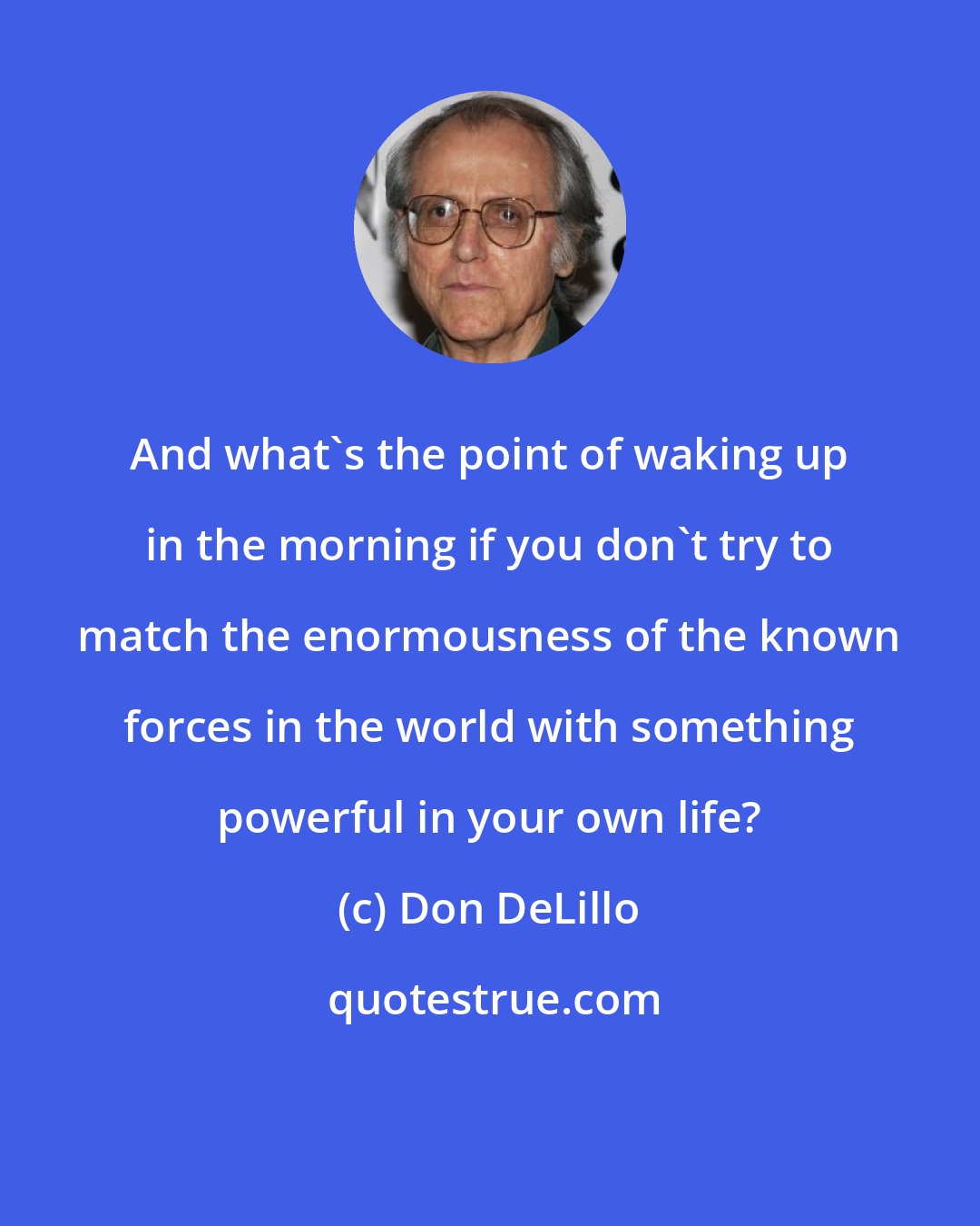 Don DeLillo: And what's the point of waking up in the morning if you don't try to match the enormousness of the known forces in the world with something powerful in your own life?