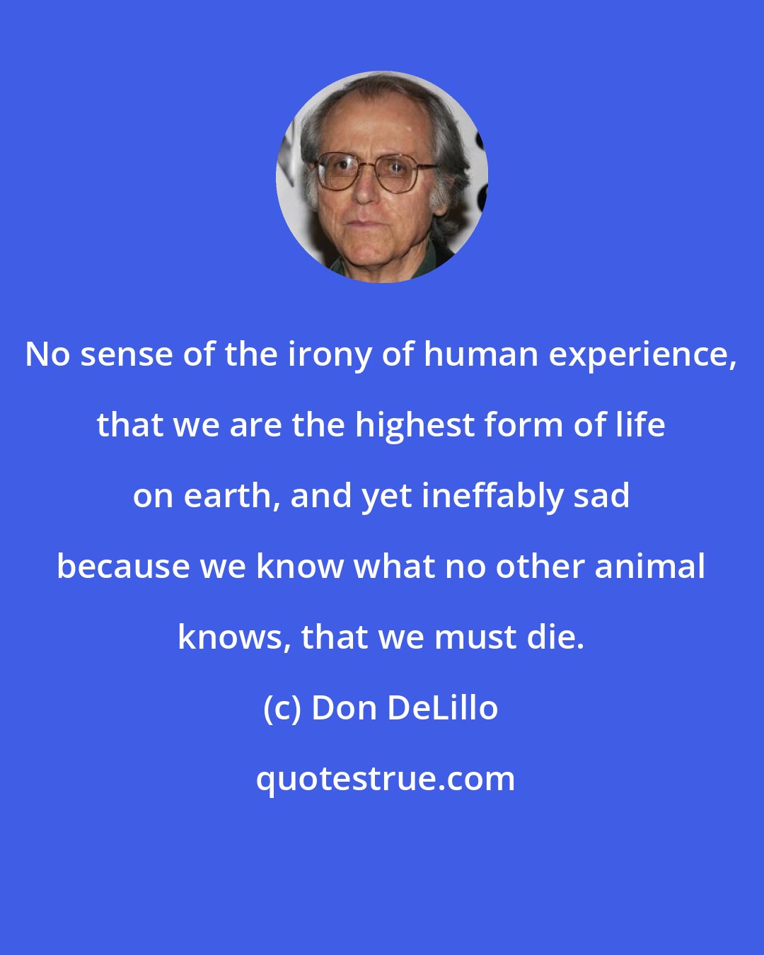 Don DeLillo: No sense of the irony of human experience, that we are the highest form of life on earth, and yet ineffably sad because we know what no other animal knows, that we must die.