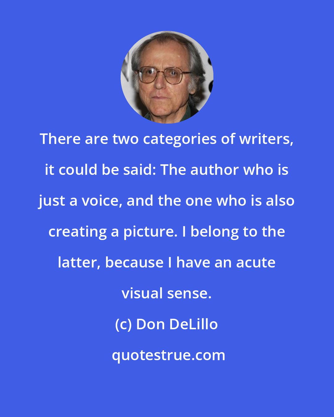 Don DeLillo: There are two categories of writers, it could be said: The author who is just a voice, and the one who is also creating a picture. I belong to the latter, because I have an acute visual sense.