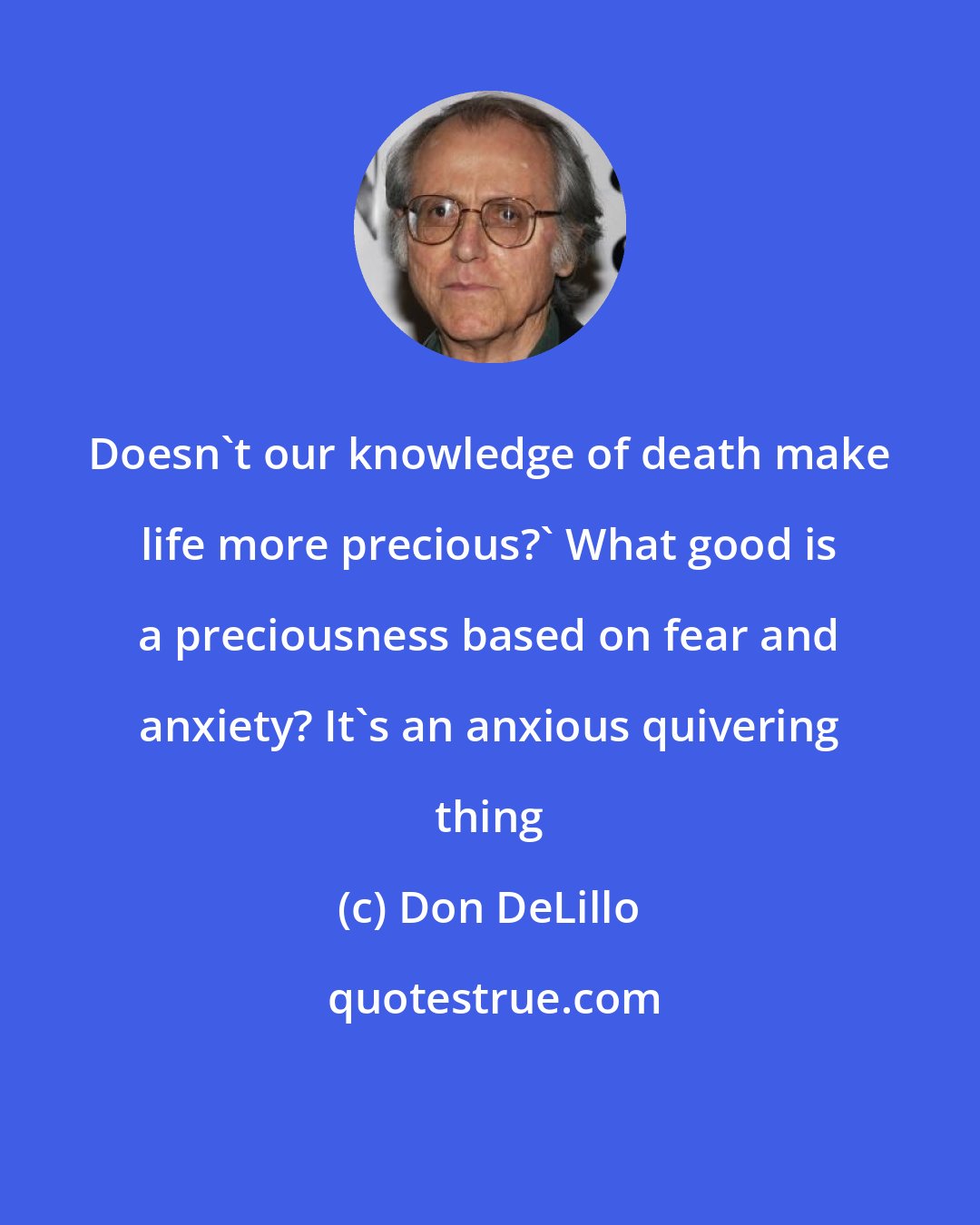 Don DeLillo: Doesn't our knowledge of death make life more precious?' What good is a preciousness based on fear and anxiety? It's an anxious quivering thing