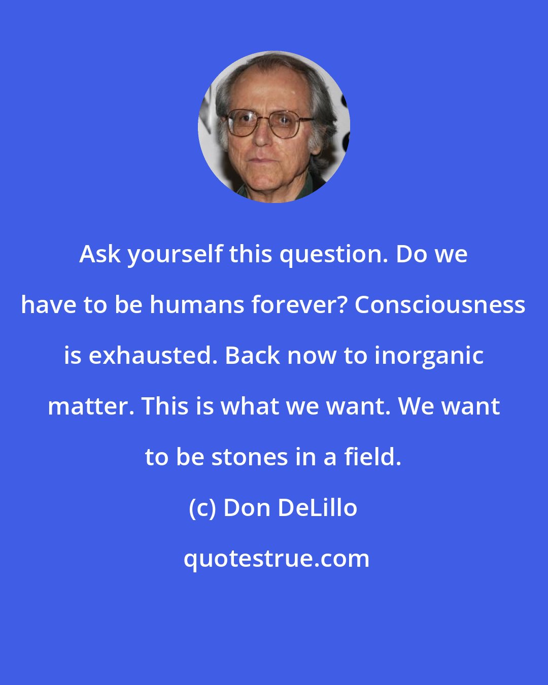 Don DeLillo: Ask yourself this question. Do we have to be humans forever? Consciousness is exhausted. Back now to inorganic matter. This is what we want. We want to be stones in a field.