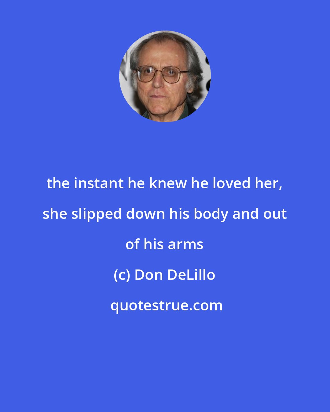 Don DeLillo: the instant he knew he loved her, she slipped down his body and out of his arms