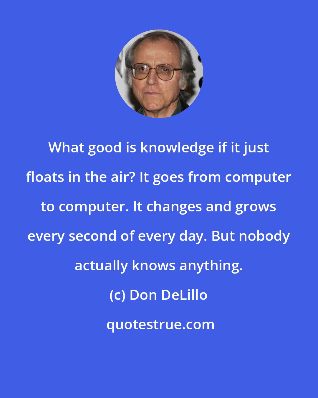 Don DeLillo: What good is knowledge if it just floats in the air? It goes from computer to computer. It changes and grows every second of every day. But nobody actually knows anything.