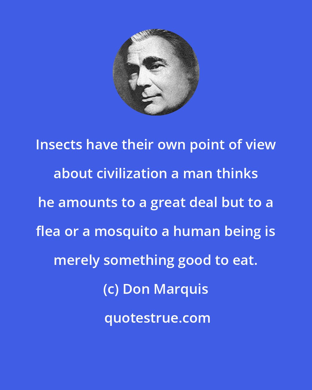 Don Marquis: Insects have their own point of view about civilization a man thinks he amounts to a great deal but to a flea or a mosquito a human being is merely something good to eat.