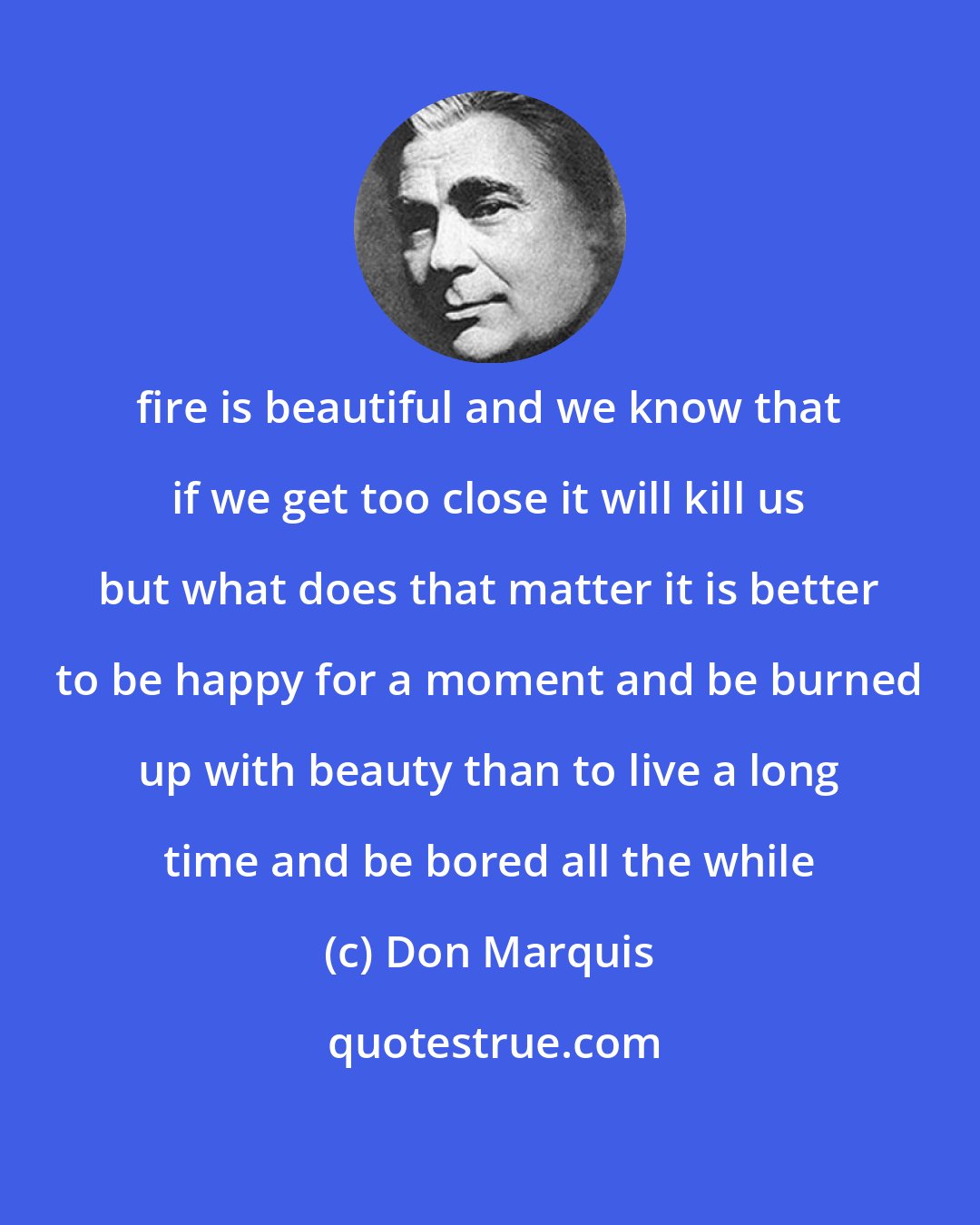 Don Marquis: fire is beautiful and we know that if we get too close it will kill us but what does that matter it is better to be happy for a moment and be burned up with beauty than to live a long time and be bored all the while