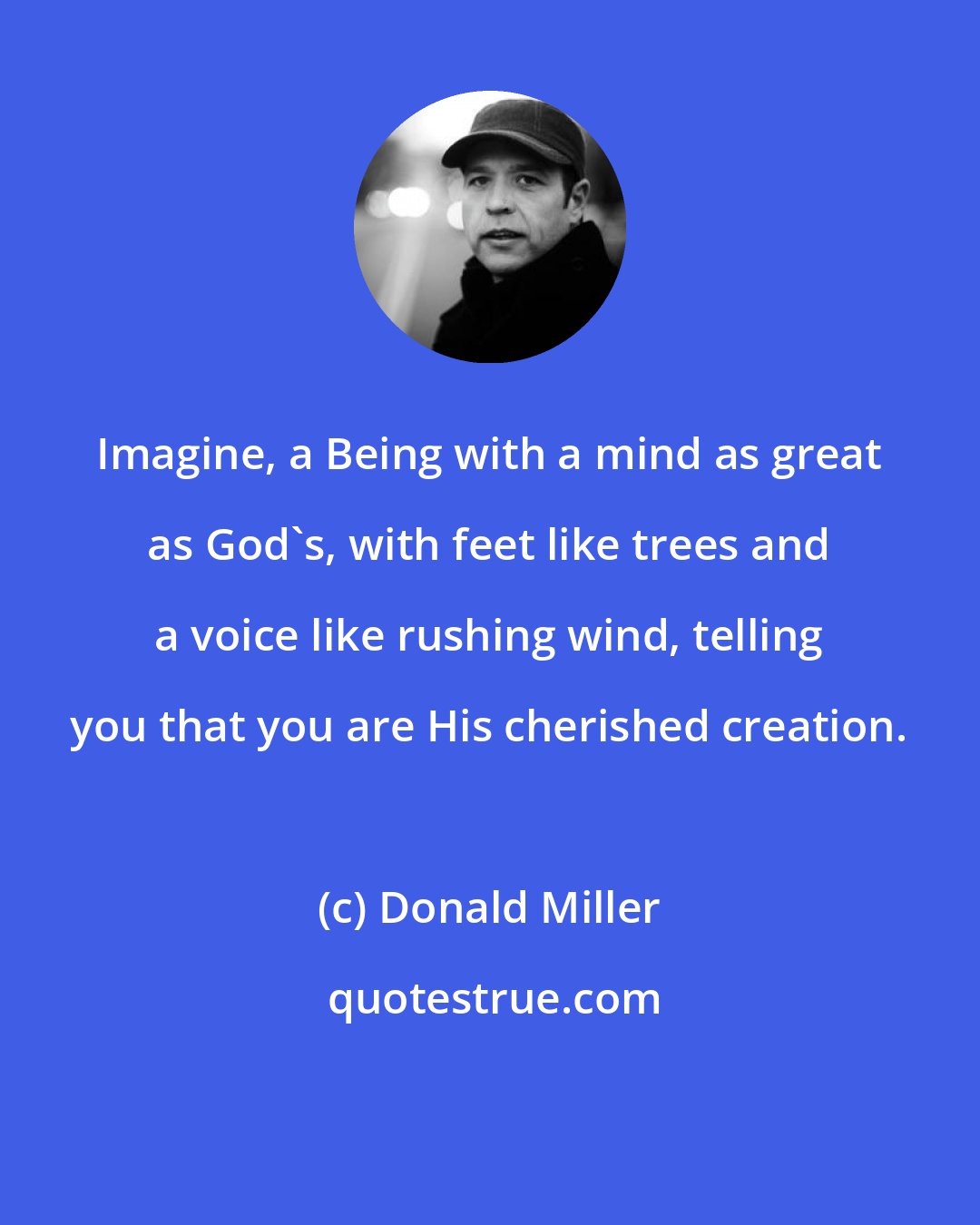 Donald Miller: Imagine, a Being with a mind as great as God's, with feet like trees and a voice like rushing wind, telling you that you are His cherished creation.