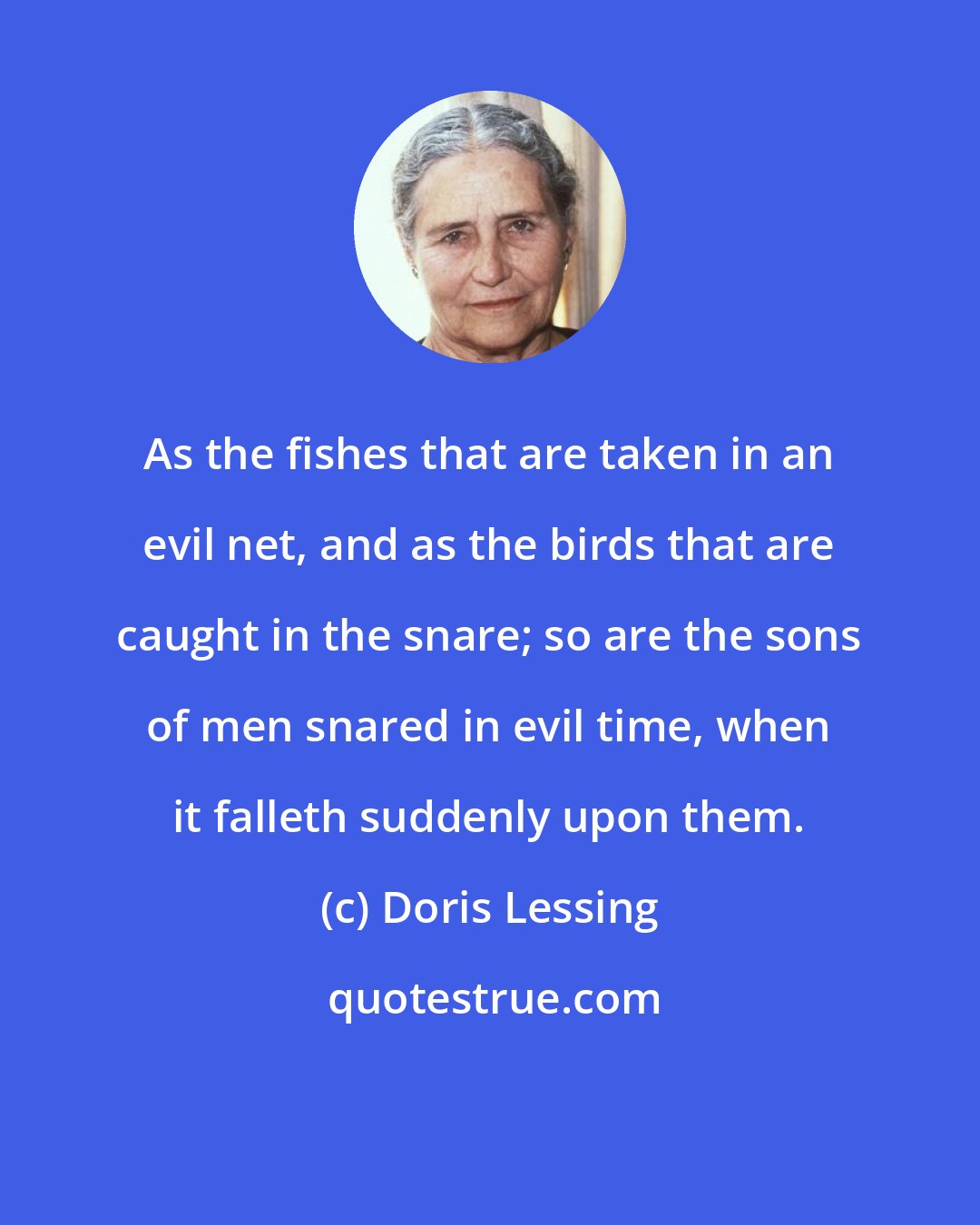 Doris Lessing: As the fishes that are taken in an evil net, and as the birds that are caught in the snare; so are the sons of men snared in evil time, when it falleth suddenly upon them.