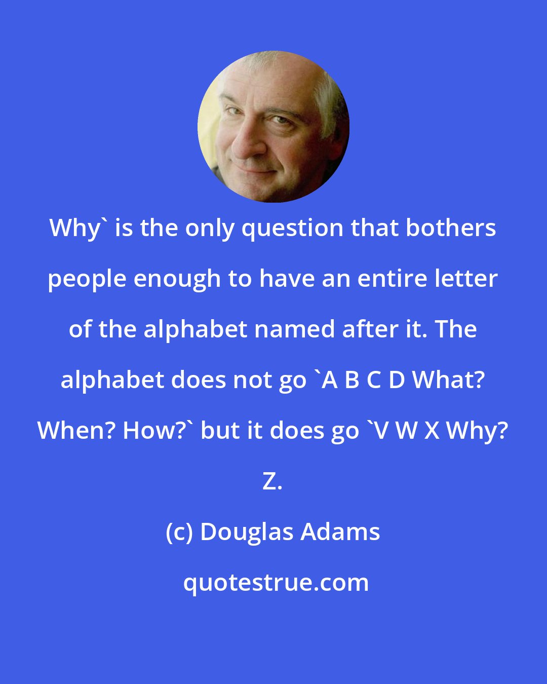 Douglas Adams: Why' is the only question that bothers people enough to have an entire letter of the alphabet named after it. The alphabet does not go 'A B C D What? When? How?' but it does go 'V W X Why? Z.