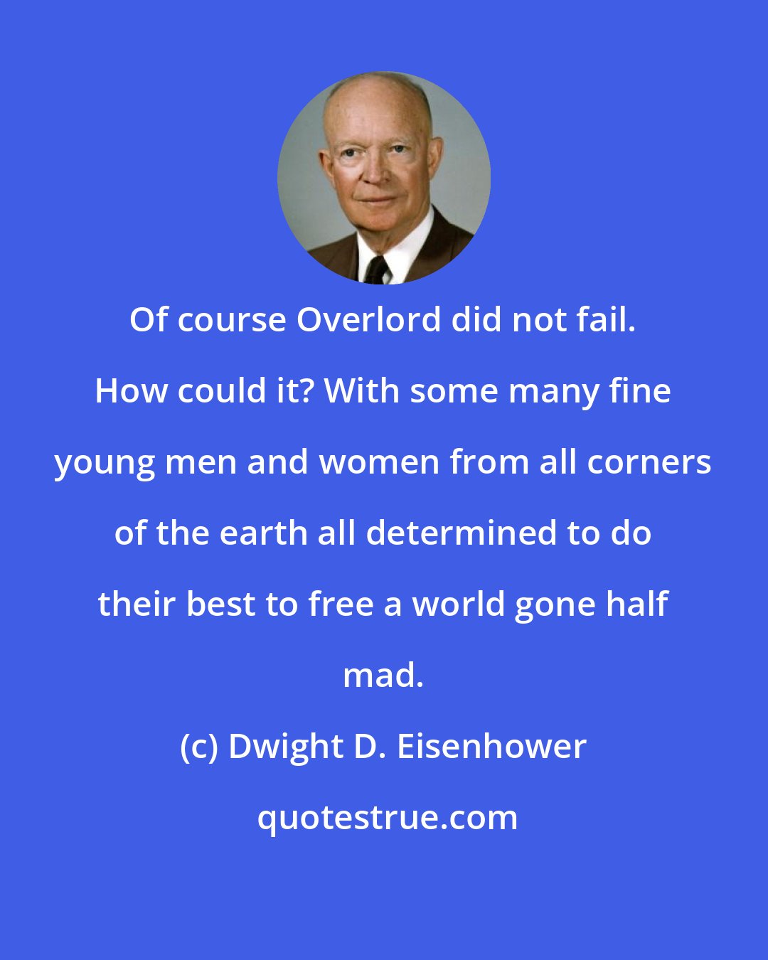 Dwight D. Eisenhower: Of course Overlord did not fail. How could it? With some many fine young men and women from all corners of the earth all determined to do their best to free a world gone half mad.