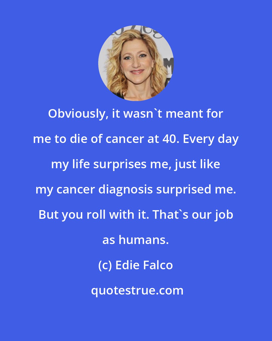 Edie Falco: Obviously, it wasn't meant for me to die of cancer at 40. Every day my life surprises me, just like my cancer diagnosis surprised me. But you roll with it. That's our job as humans.