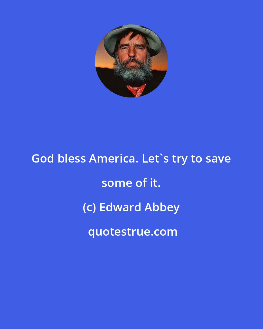 Edward Abbey: God bless America. Let's try to save some of it.