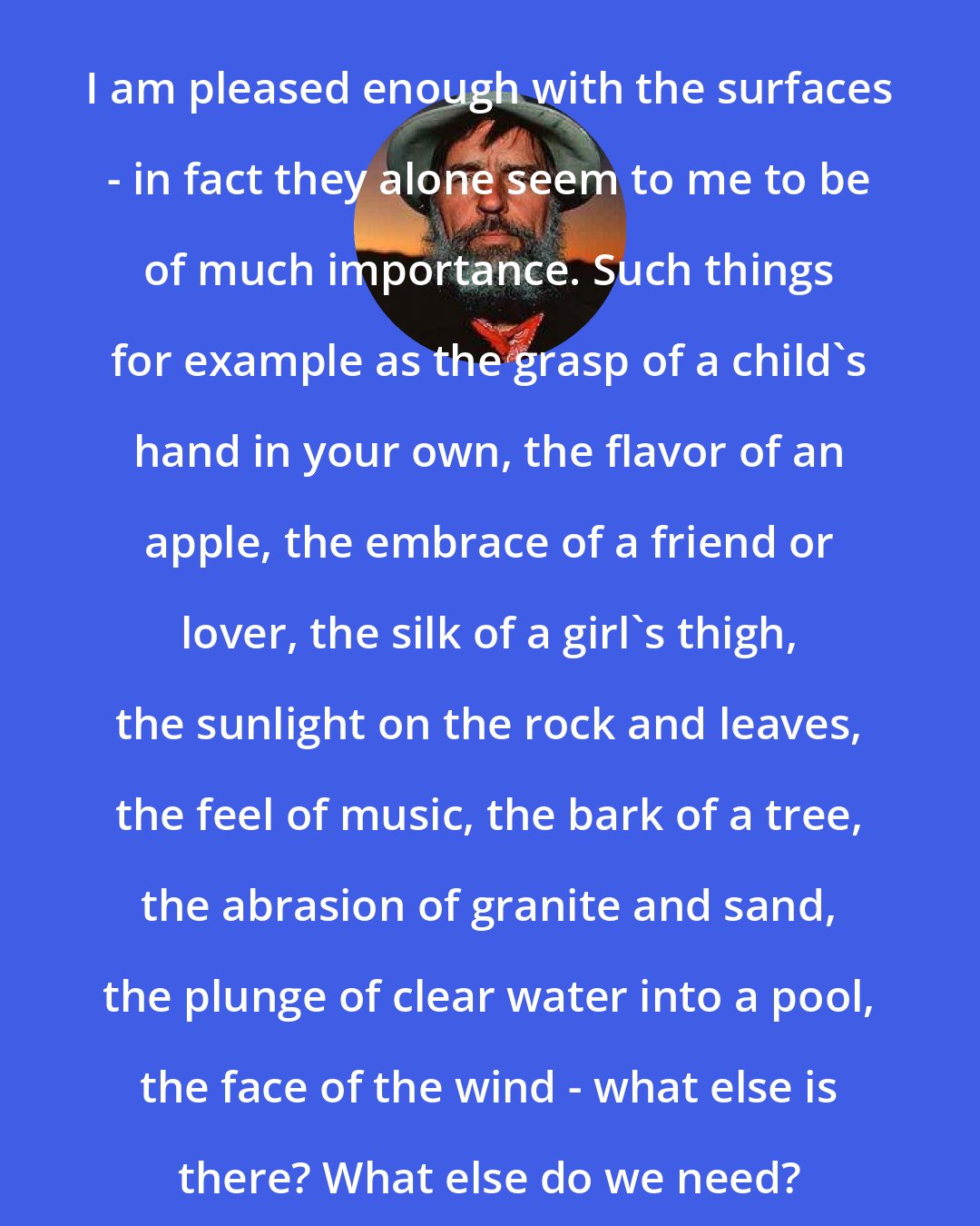 Edward Abbey: I am pleased enough with the surfaces - in fact they alone seem to me to be of much importance. Such things for example as the grasp of a child's hand in your own, the flavor of an apple, the embrace of a friend or lover, the silk of a girl's thigh, the sunlight on the rock and leaves, the feel of music, the bark of a tree, the abrasion of granite and sand, the plunge of clear water into a pool, the face of the wind - what else is there? What else do we need?