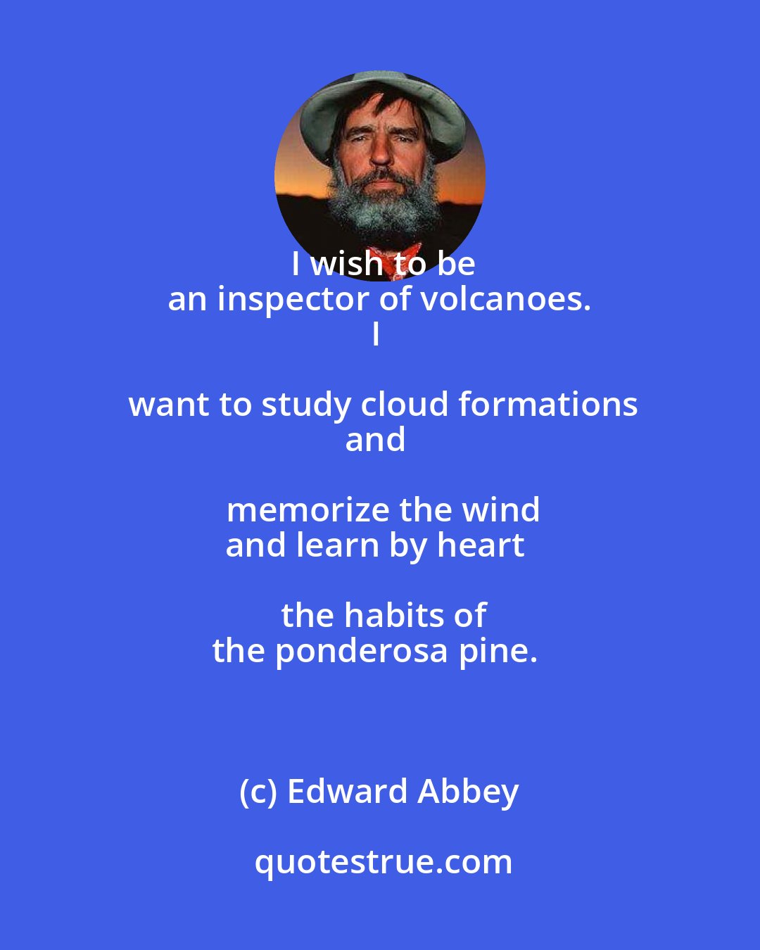 Edward Abbey: I wish to be
an inspector of volcanoes.
I want to study cloud formations
and memorize the wind
and learn by heart the habits of
the ponderosa pine.